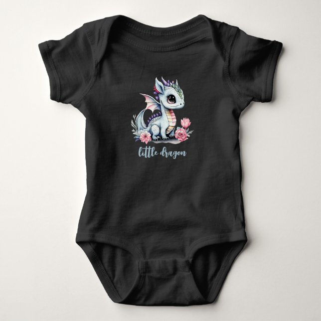 Little Dragon grau bearbeitbare niedliche Aquarell Baby Strampler (Vorderseite)