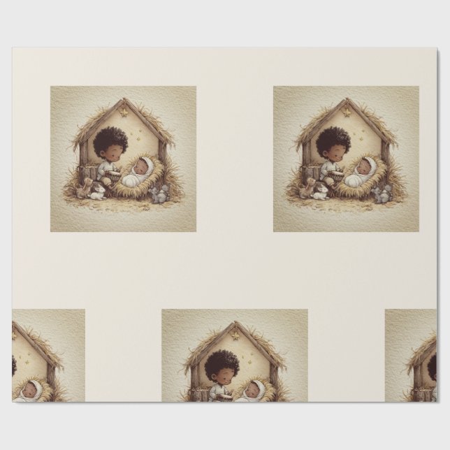 Little Drummer Boy Black Nativity Wrapping Paper 2 Geschenkpapier (Flach)