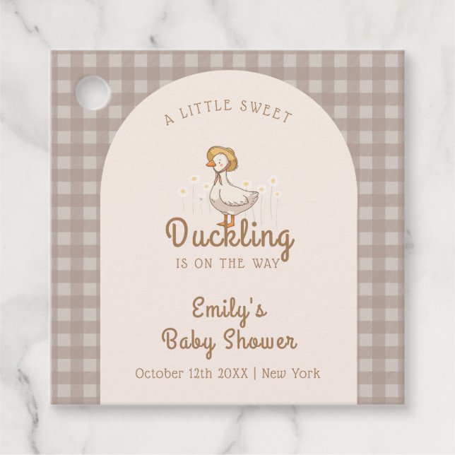 Little Duckling Farmhouse Gingham Baby Shower Geschenkanhänger (Vorderseite)