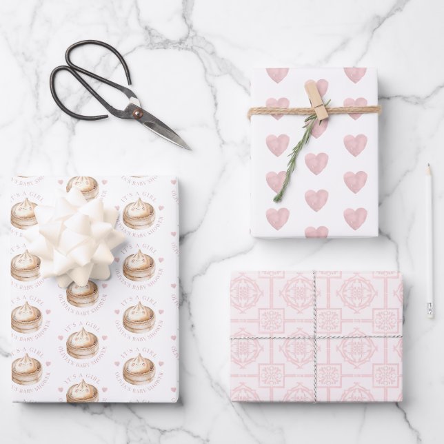 Little Dumpling Pink Watercolor Girl Babydusche Geschenkpapier Set (Vorderseite)