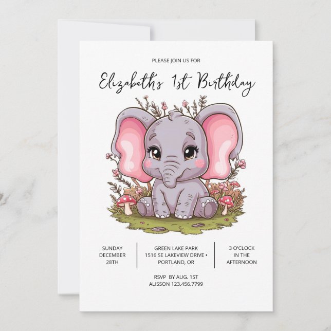 Little Elephant 1. Geburtstag digital Einladung (Vorderseite)