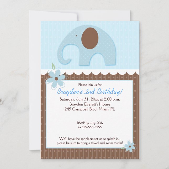 Little Elephant (bleu) 5x7 Boy Birthday Invitation (Devant)