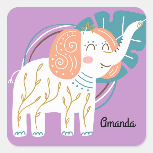Little Elephant Boho Individuelle Name Quadratischer Aufkleber (Vorderseite)