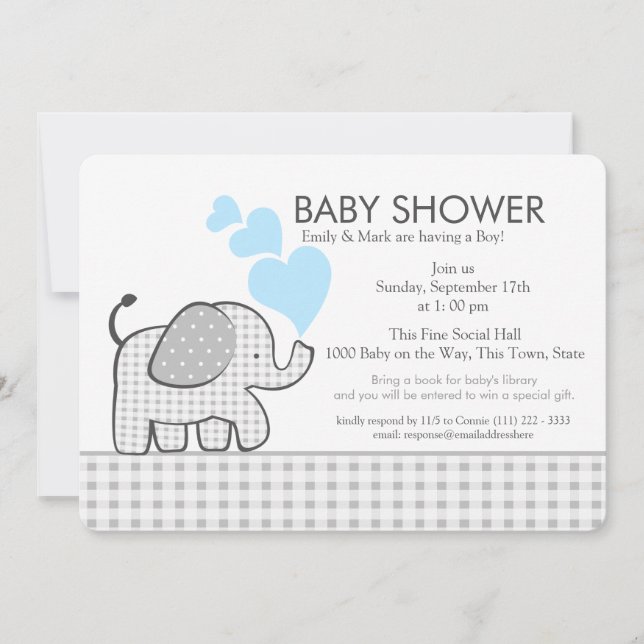Little Elephant Gingham und Blue Baby Shower Einladung (Vorderseite)