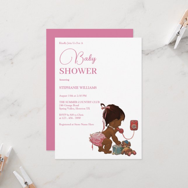 "Little Ethnic Girl Calling" Babydusche Einladung (Vorderseite/Rückseite Beispiel)