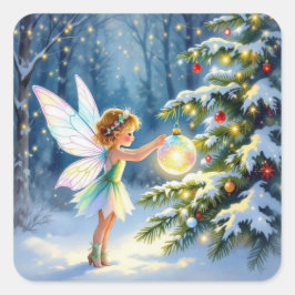 Little Fairy Decorating Christmas Trees Quadratischer Aufkleber