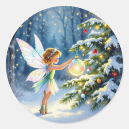Little Fairy Decorating Christmas Trees Runder Aufkleber