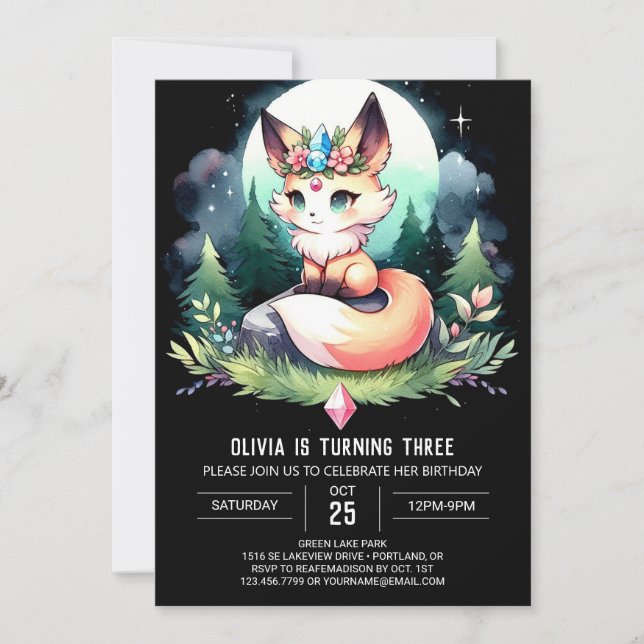 Little Fantasy Fox Geburtstag digital Einladung (Vorderseite)