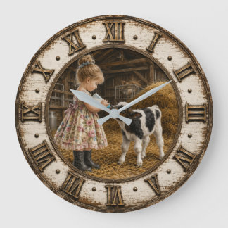 Little Farm Girl Feeding Baby Calf Farmhouse Große Wanduhr