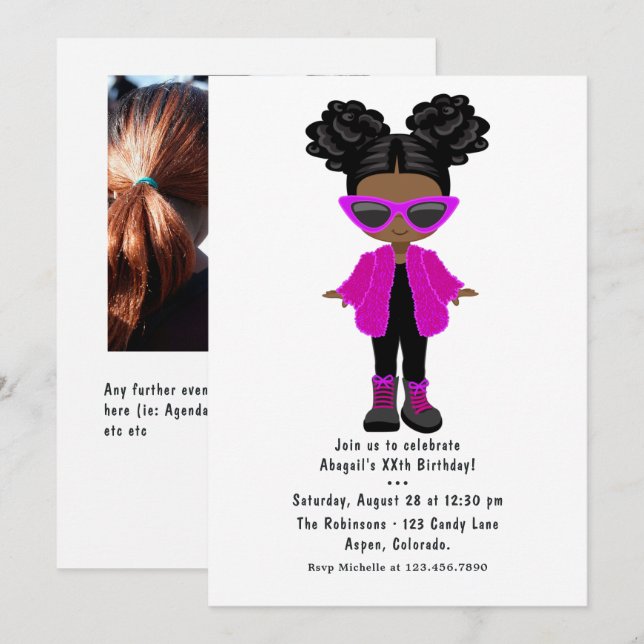 Little Fashion Black Girl Party Foto Einladung (Vorne/Hinten)