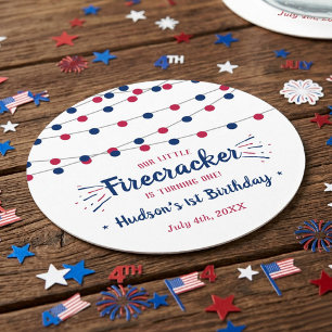 Little Firecracker 4. Juli 1. Geburtstag Party Runder Pappuntersetzer