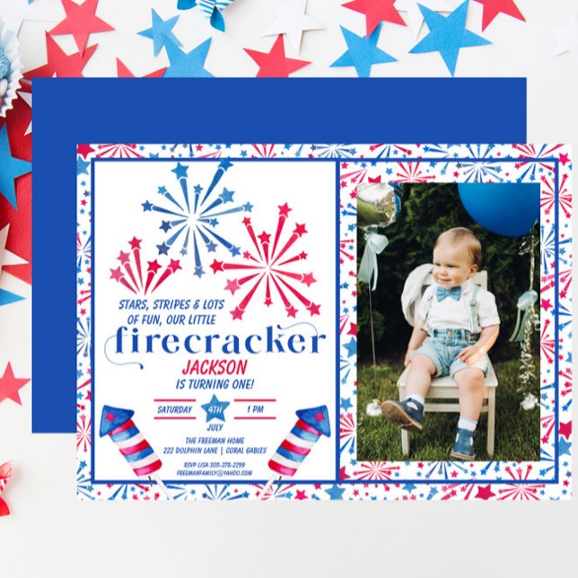 Little Firecracker Red White Blue Foto Geburtstag Einladung (Von Creator hochgeladen)
