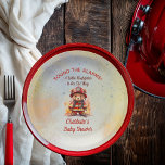 Little Firefighter Teddy Bear Baby Shower  Pappteller<br><div class="desc">Celebrate your newest little hero with these charming firefighter baby shower party decor paper plates featuring an adorable teddy bear dressed in classic red turnout gear. Designed in a soft vintage watercolor style, this creation blends warm firehouse reds, subtle star details, and a coordinating flaming hydrant pattern for a cohesive...</div>