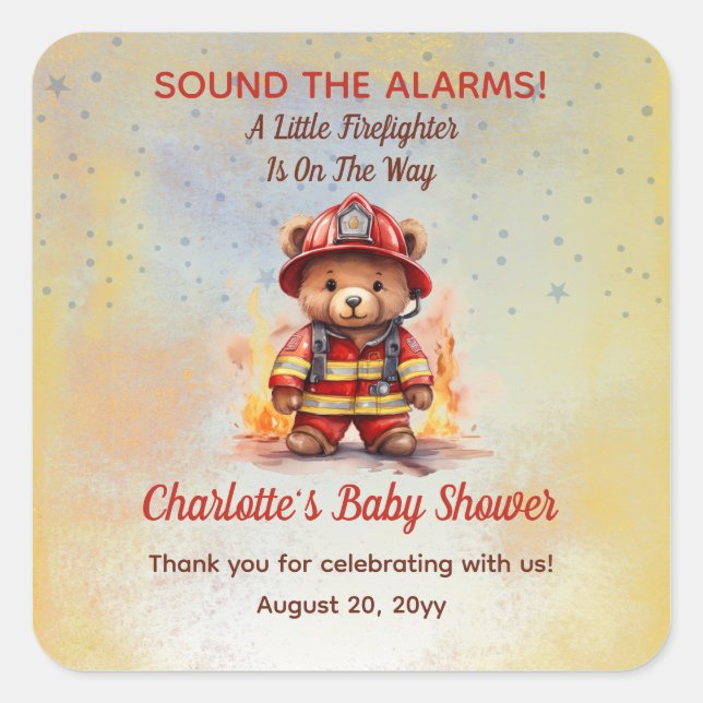 Little Firefighter Teddy Bear Baby Shower  Quadratischer Aufkleber (Vorderseite)