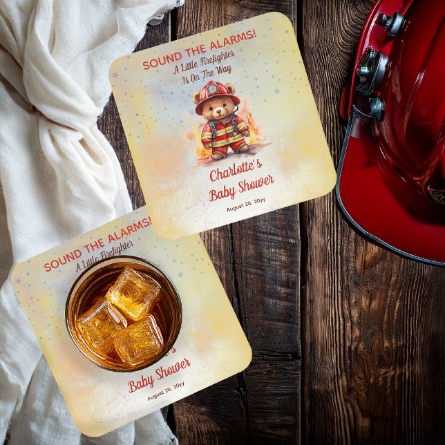 Little Firefighter Teddy Bear Baby Shower  Rechteckiger Pappuntersetzer (Sound the Alarms!  A Little Firefighter Is On The Way Cute Teddy Bear Baby Shower Paper Coaster)