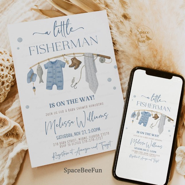 Little Fisherman Fishing Reel Baby Shower Einladung (baby shower invitation, fishing baby shower, little fisherman, rustic baby shower, gone fishing them)