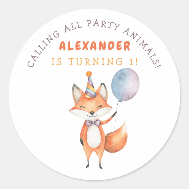 Little Fox Birthday Party Runder Aufkleber (Vorderseite)