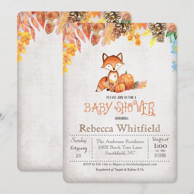 Little Fox Pumpkin Baby Dusche Einladung (Vorne/Hinten)