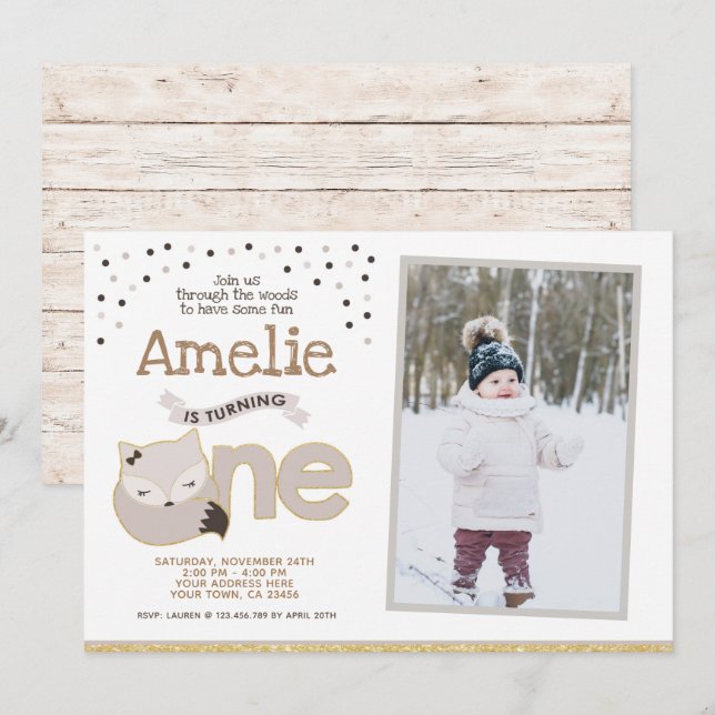 Little Fox, Wonderland Invitation, with photo Einladung (Vorne/Hinten)