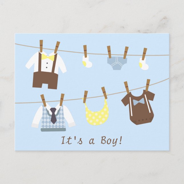 Little Gentleman Baby Boy Clothesline Ankündigungspostkarte (Vorderseite)