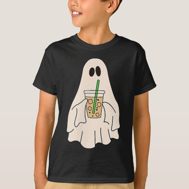 Little Ghost Drink Iced Coffee Halloween Spooky T-Shirt (Vorderseite)