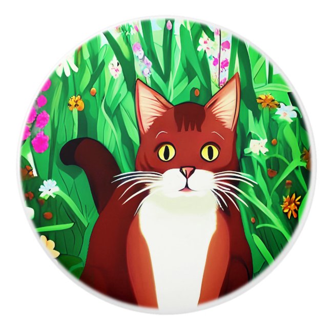 Little Ginger Brown Kitty in einem Feld der Blume Keramikknauf (Vorderseite)