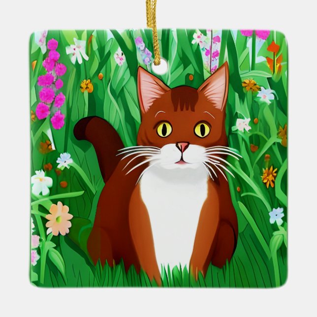 Little Ginger Brown Kitty in einem Feld der Blume Keramikornament (Vorderseite)