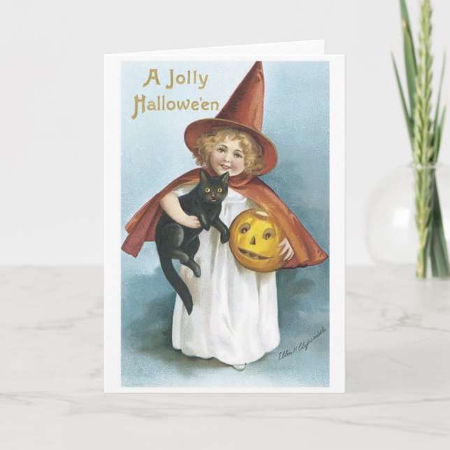 Little Girl and Black Cat Jolly Halloween Karte (Vorderseite)