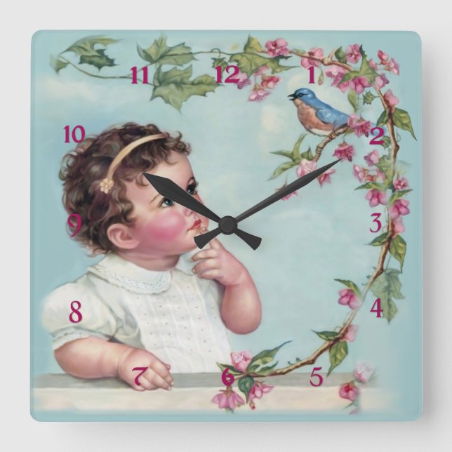 Little Girl and Blue Bird Quadratische Wanduhr (Vorderseite)