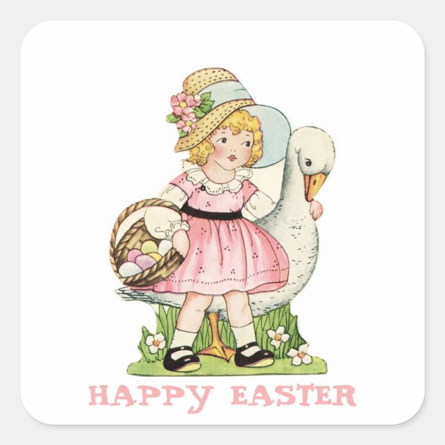 Little Girl and Gans Happy Oaster Quadratischer Aufkleber (Vorderseite)