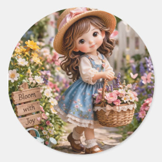 Little girl and her flower garden runder aufkleber