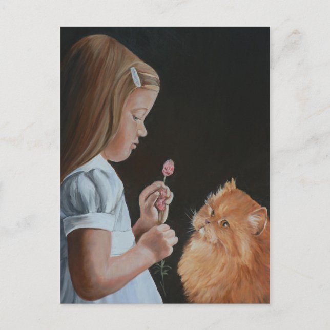 Little Girl and Persian Cat Art Postcard Postkarte (Vorderseite)