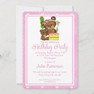 Little Girl Birthday Party Einladung Girly Bear 3