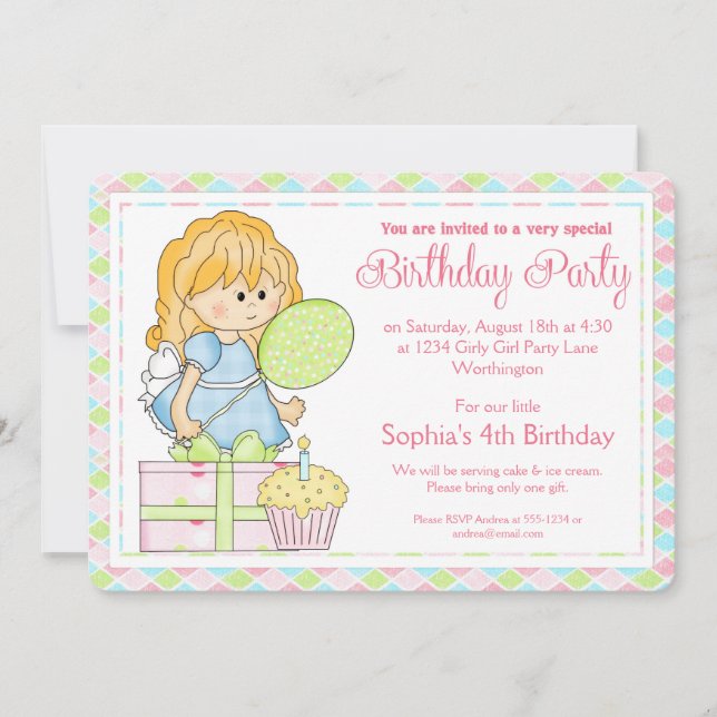 Little Girl Birthday Party Einladung Girly Girl d2 (Vorderseite)