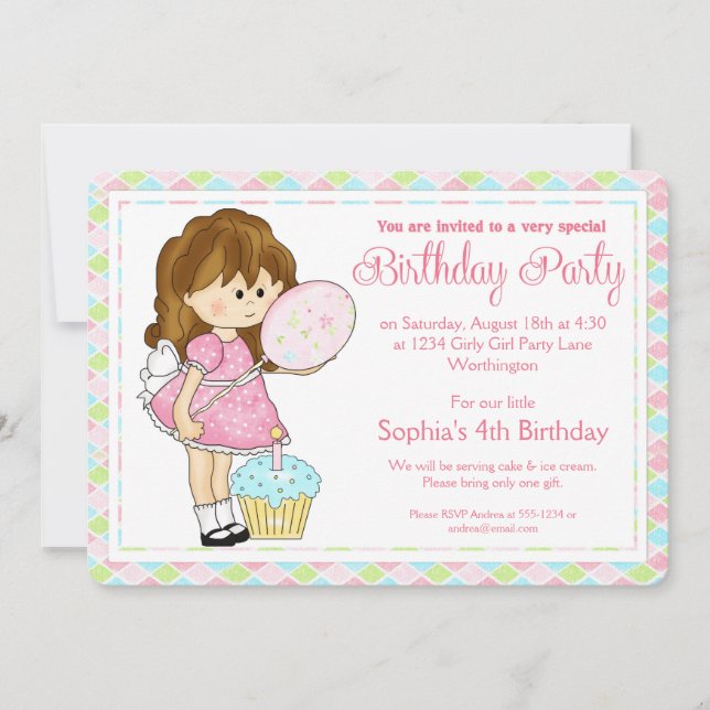Little Girl Birthday Party Einladung Girly Girl d4 (Vorderseite)