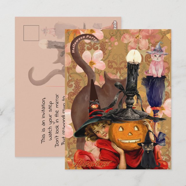 Little Girl Black Cat Pumpkin Vintag Postkarte (Vorne/Hinten)