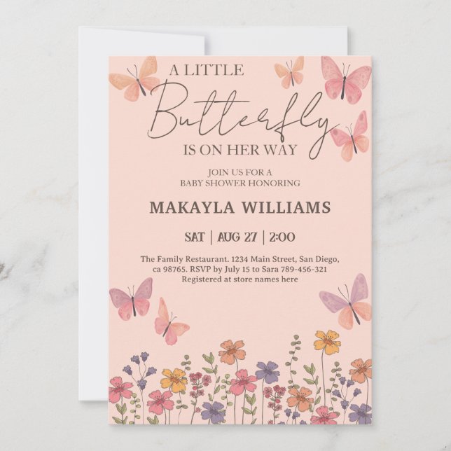 Little Girl Butterfly Pink Floral Baby Dusche Einladung (Vorderseite)