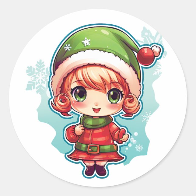 Little Girl Elf Xmas Magic Runder Aufkleber (Vorderseite)