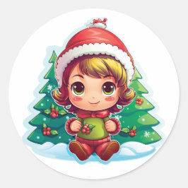 Little Girl Elf Xmas Magic Runder Aufkleber