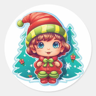 Little Girl Elf Xmas Magic Runder Aufkleber
