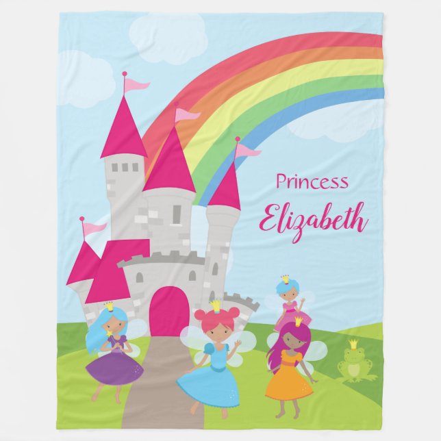 Little Girl Fairy Princess mit Regenbogen und Burg Fleecedecke (Vorderseite)