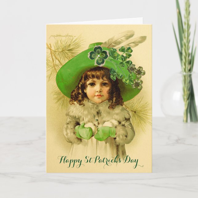 Little Girl, Grüner Hut, Kleeblätter, St Patrick's Karte (Vorderseite)