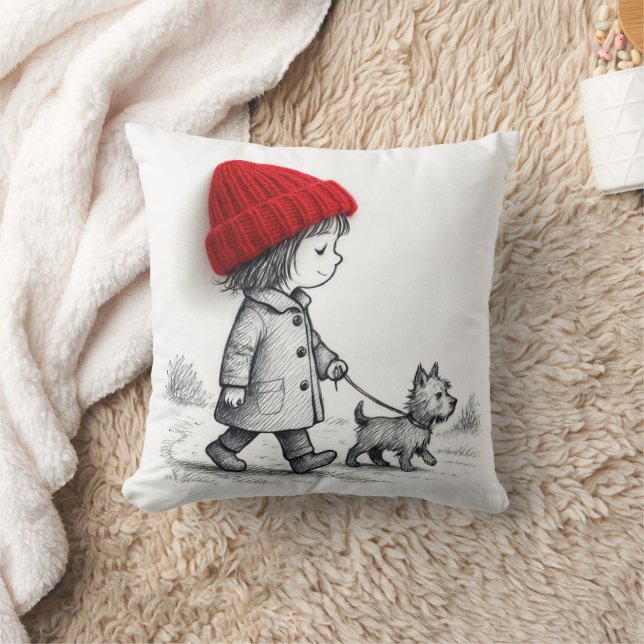 Little Girl In 3-D Red Hat Walking Her Dog Kissen (Decke)