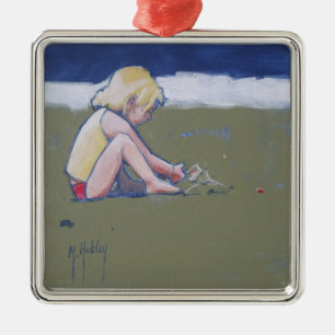 Little Girl on Beach Playing in Sand Ornament Aus Metall