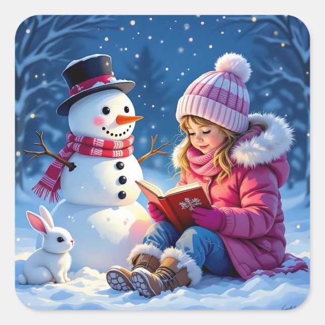 Little Girl Reading a Story to a Snowman Christmas Quadratischer Aufkleber (Vorderseite)