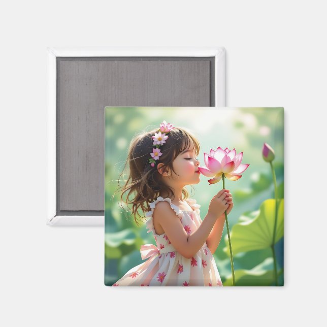 Little Girl Smelling a Pink Rose Personalized Magnet (Vorderseite/Rückseite)