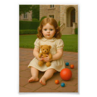 "Little Girl with Teddy Bar - Vintager Kinderportl Fotodruck