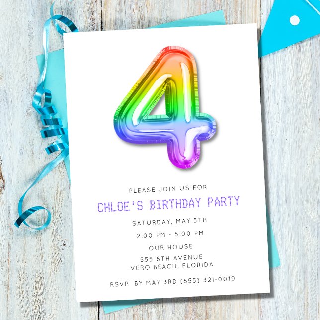 Little Girls 4th Birthday Balloon Party Einladung (Little Girls 4th Birthday Balloon Party Invitation)