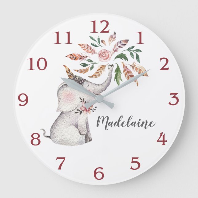 Little Girl's Boho Pink Gray Baby Elephant Große Wanduhr (Vorderseite)
