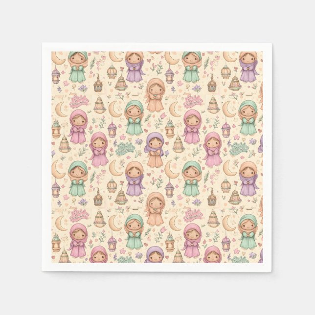 Little Girls Colourful Eid Mubarak Napkins Serviette (Vorderseite)